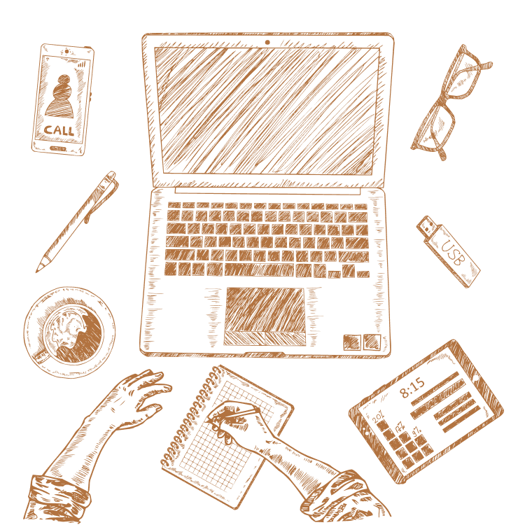 mesa de trabalho de um desenvolvedor web, contendo um notebook, um celular, uma xicará de café, um óculos, um caderno, uma caneta, um tablet e um óculos